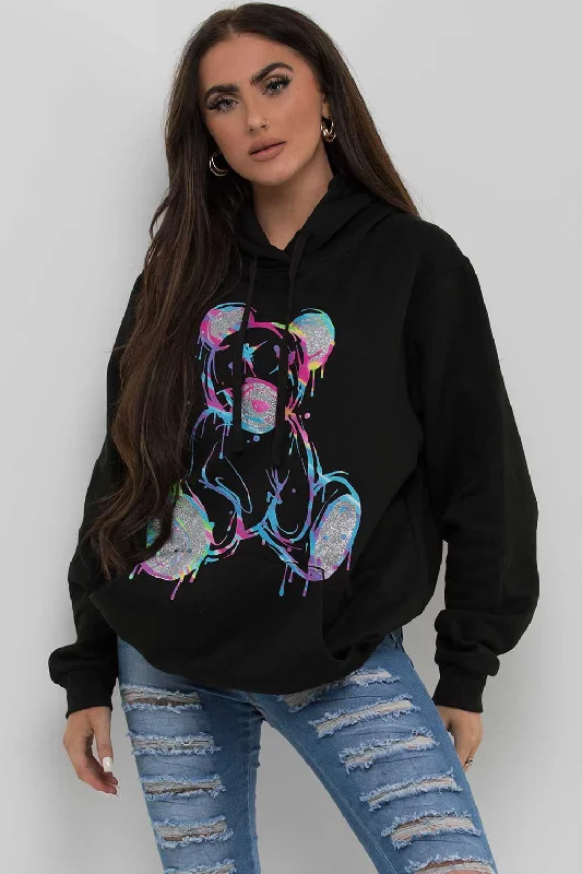 Black Oversized Hoodie With Teddy Bear Print