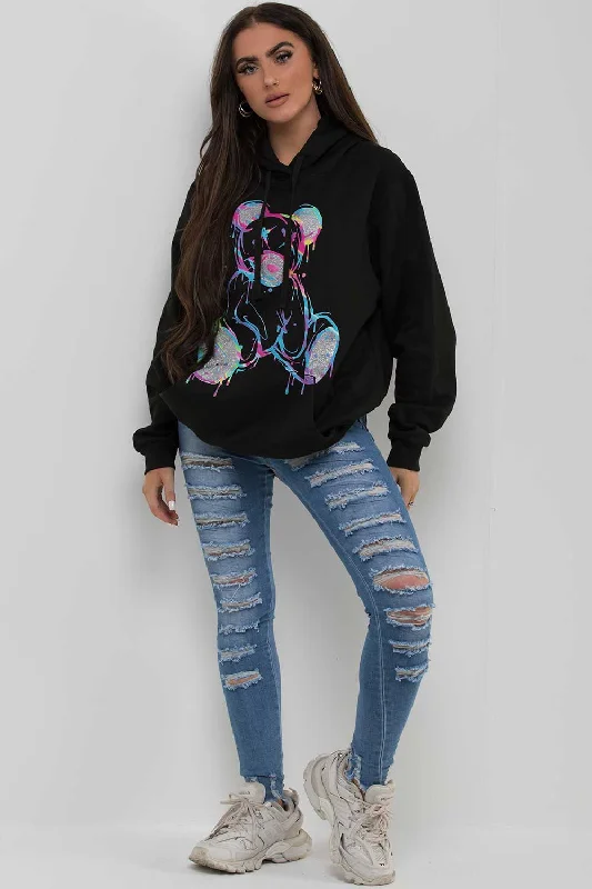 Black Oversized Hoodie With Teddy Bear Print