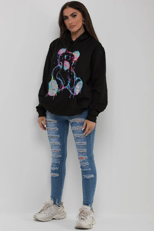 Black Oversized Hoodie With Teddy Bear Print