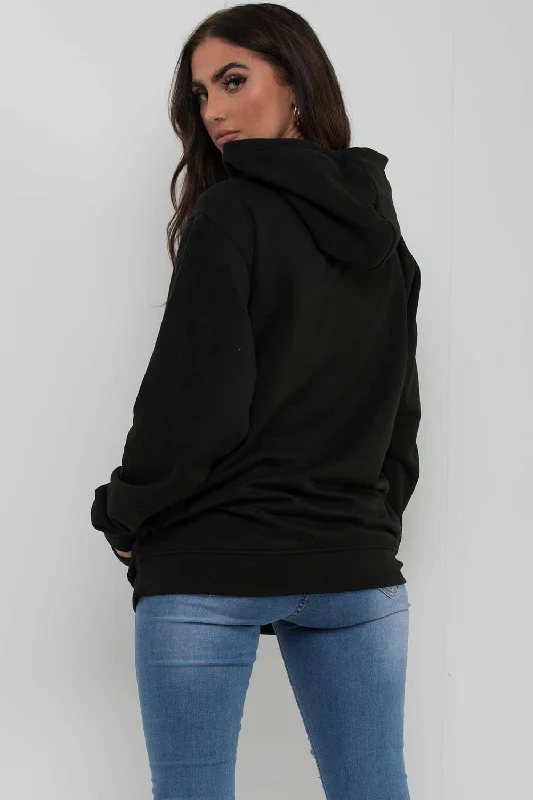 Black Oversized Hoodie With Teddy Bear Print