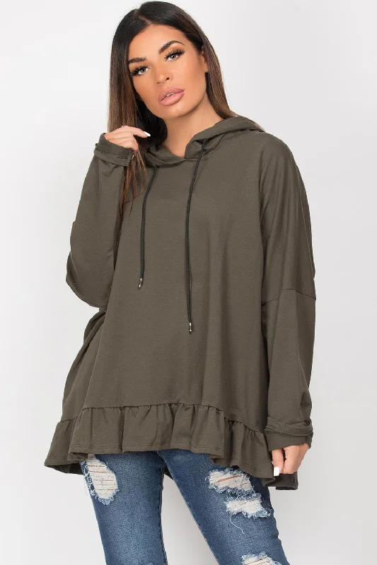 Khaki Frill Hem Oversized Hoodie