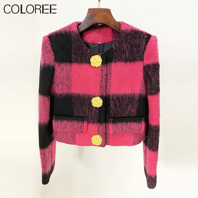 Pink Plaid Women Jacket 2023 Autumn Winter Luxury Gold Buttons Wool & Blends Coat Korean Fashion O-neck Short Chaqueta Mujer