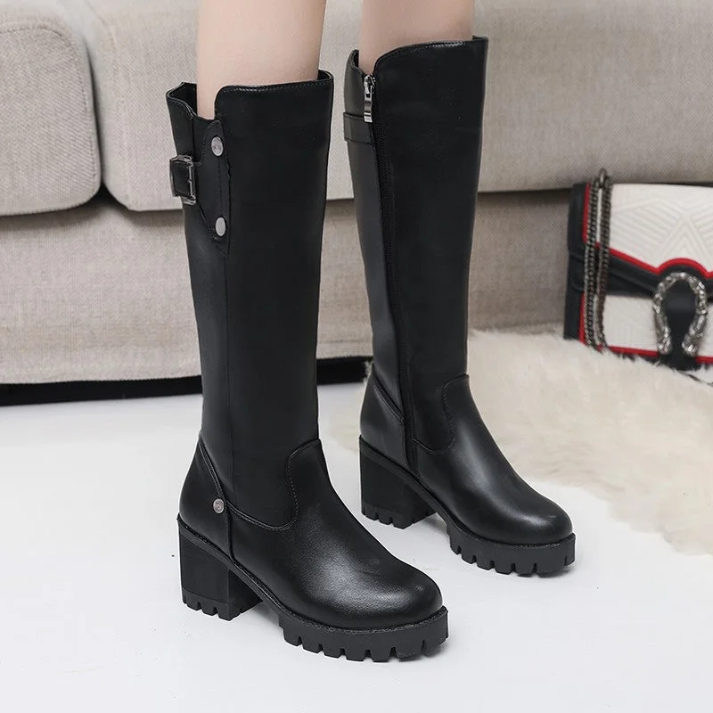 Retro Round Toe Mid-heel Thick Heel Warm Boots +