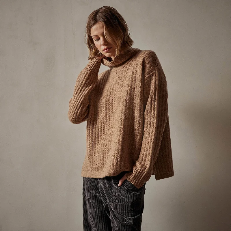 Ribbed Cashmere Funnel Neck - Caramel