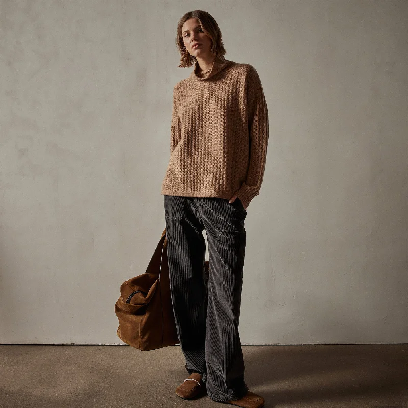 Ribbed Cashmere Funnel Neck - Caramel