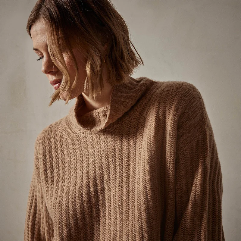 Ribbed Cashmere Funnel Neck - Caramel