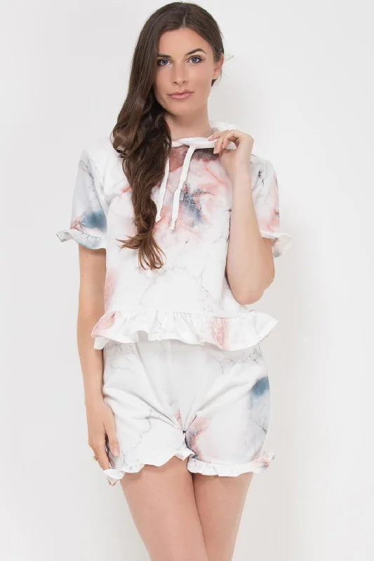 Tie Dye Frill Hem Short Sleeve Hoodie And Shorts Set