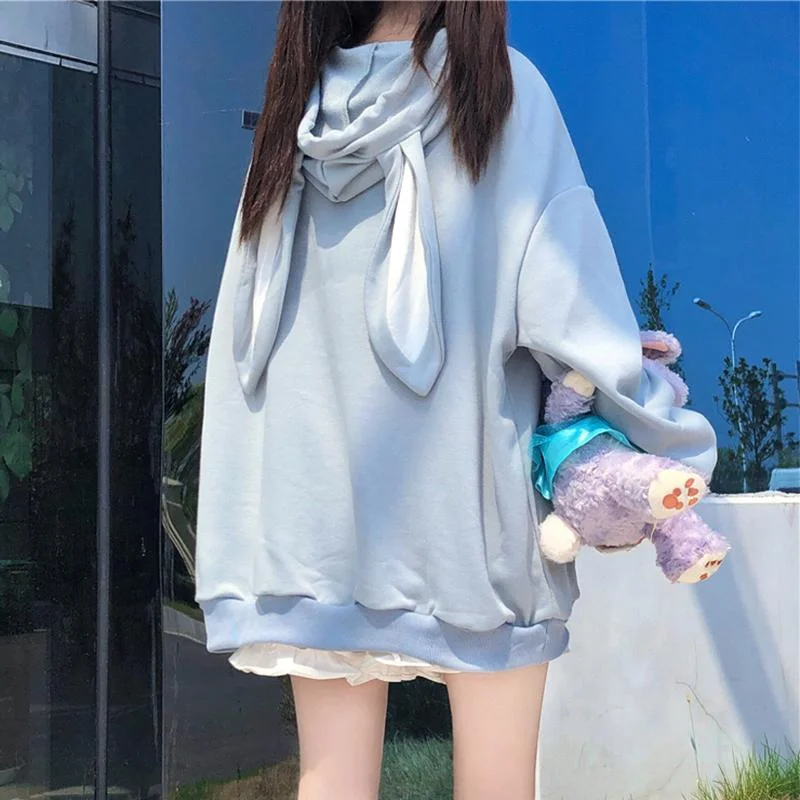 Women's Kawaii Bunny Ears Hood  Bear Printed Loose Hoodies With Big Pockets