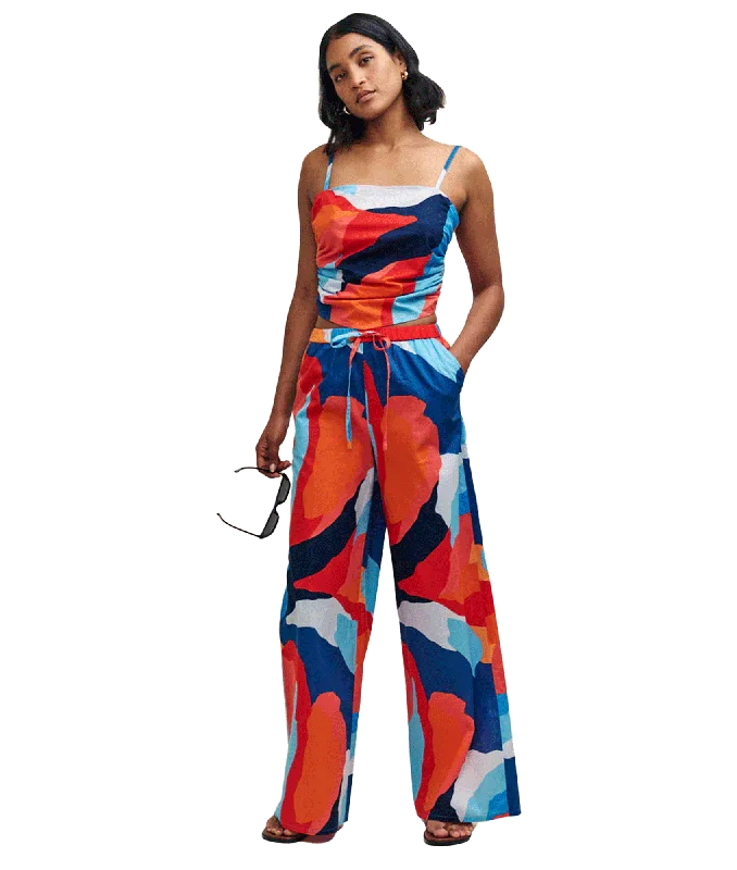 Abstract Print Wide Leg Drawstring Beach Trousers - Multi