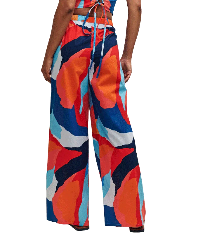 Abstract Print Wide Leg Drawstring Beach Trousers - Multi