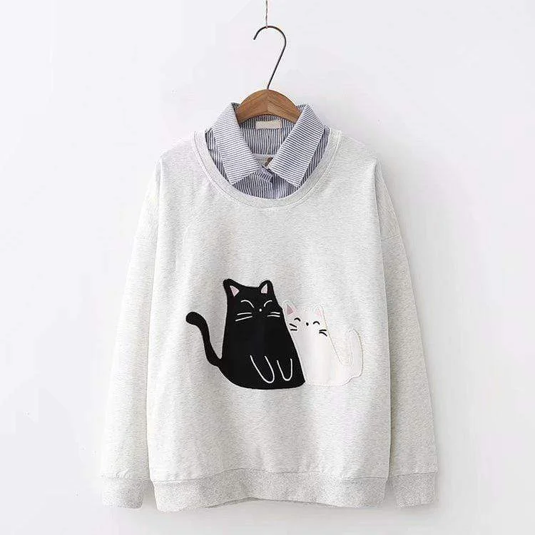 Women's Sweet Cat Couple Printed Sweaters Splicing Shirts