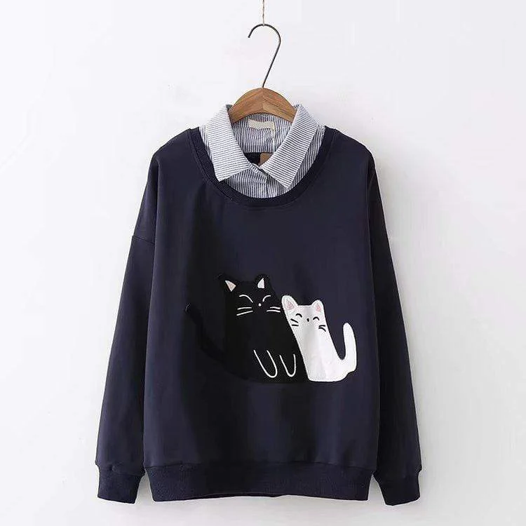 Women's Sweet Cat Couple Printed Sweaters Splicing Shirts