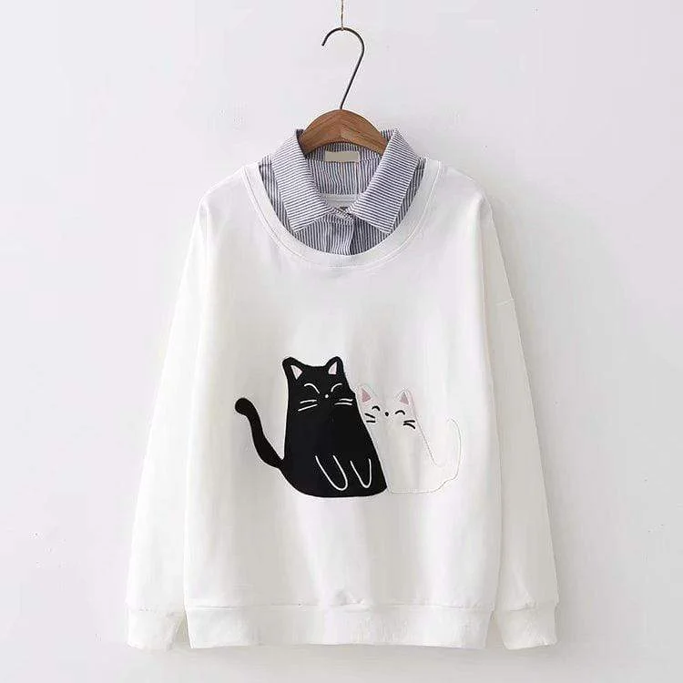 Women's Sweet Cat Couple Printed Sweaters Splicing Shirts