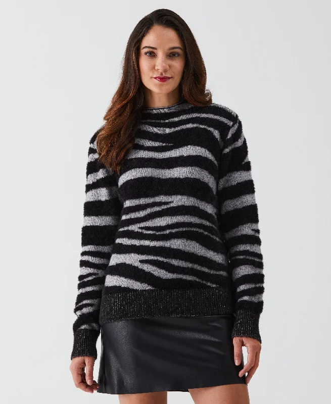 Zebra Print Faux Hair Mock Neck Sweater