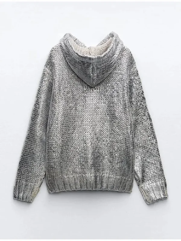 Znbbw Rib Trim Foil Hooded Sweater Tops Women Fashion Long Sleeve Knit Pullover 2023 Autumn Office Ladies High Street Jumpers