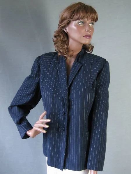 40s Vintage Women's Jacket Deco Details Navy Blue Pinstripe Large to Extra Large VFG Ber-Sell Original