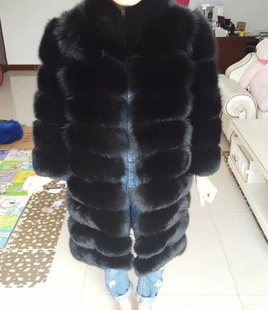 90cm real fox fur coat women's long blue coats Fox fur coat jacket hood