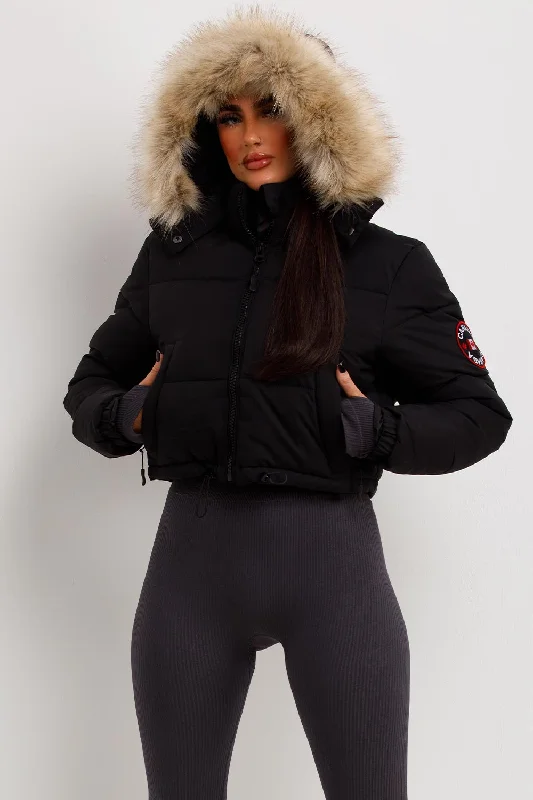 Black Puffer Jacket With Fur Hood Cropped