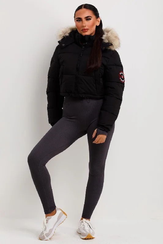 Black Puffer Jacket With Fur Hood Cropped