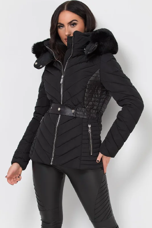 Black Puffer Quilted Jacket With Faux Fur Hood And Belt