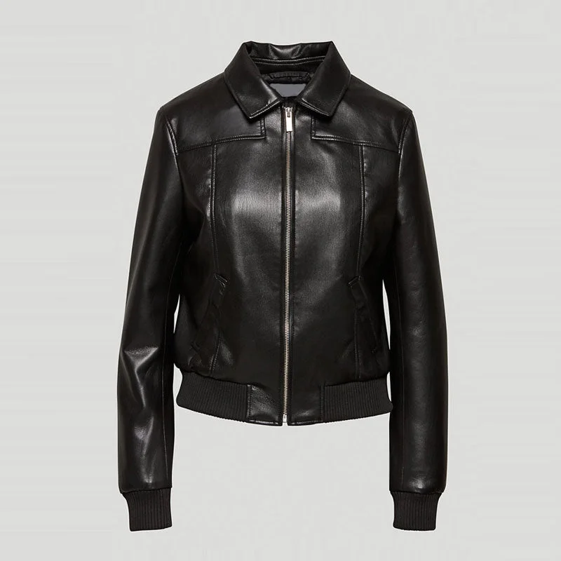 Black Women Aviator Sheepskin Shearling Motorbike  Leather Bomber Jacket