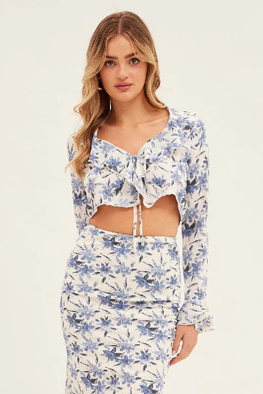 Blue Floral Tie Bolero Frill Top Floral Print