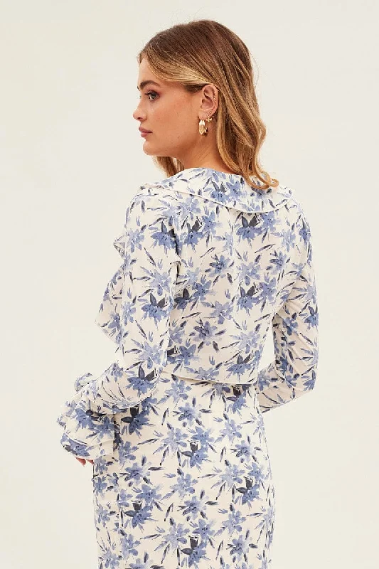 Blue Floral Tie Bolero Frill Top Floral Print