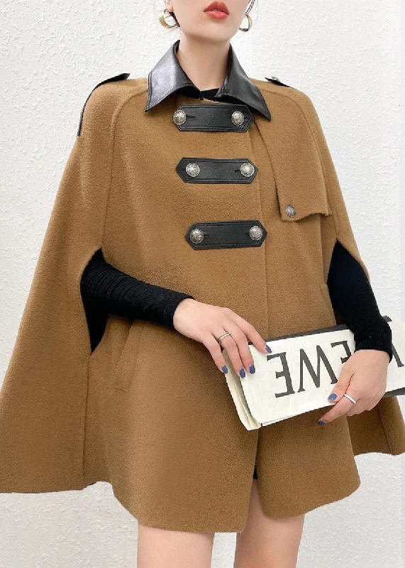 Boutique Khaki Turn-down Collar Faux Leather Patchwork Woolen Coats Winter