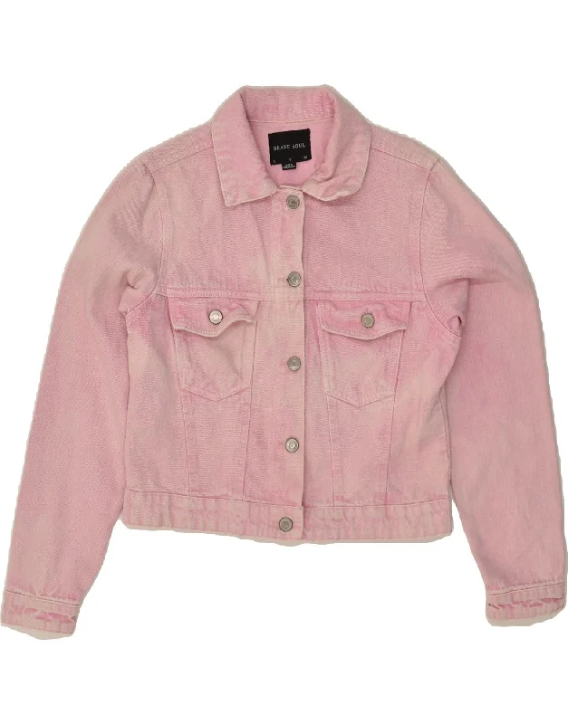 BRAVE SOUL Womens Crop Denim Jacket UK 10 Small Pink Cotton