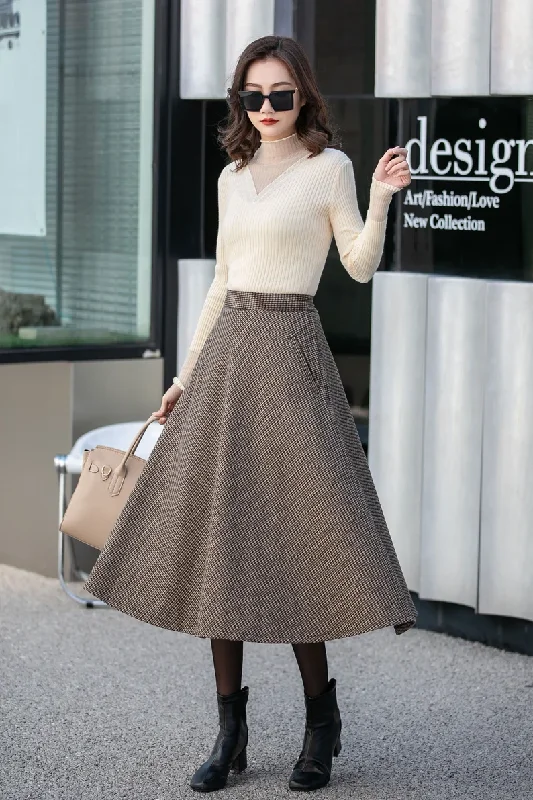 Brown Midi wool Skirt, Houndstooth Wool Skirt 4131