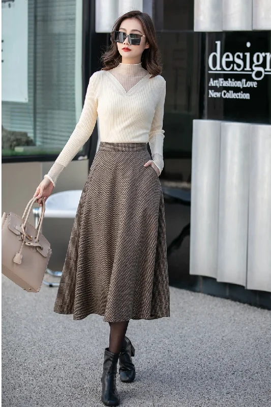 Brown Midi wool Skirt, Houndstooth Wool Skirt 4131