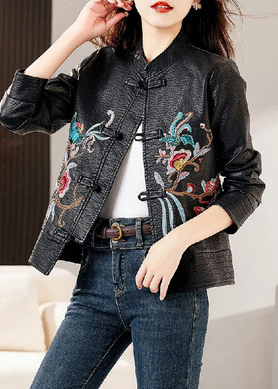 Classy Black Stand Collar Embroideried Floral Faux Leather Coats Long Sleeve