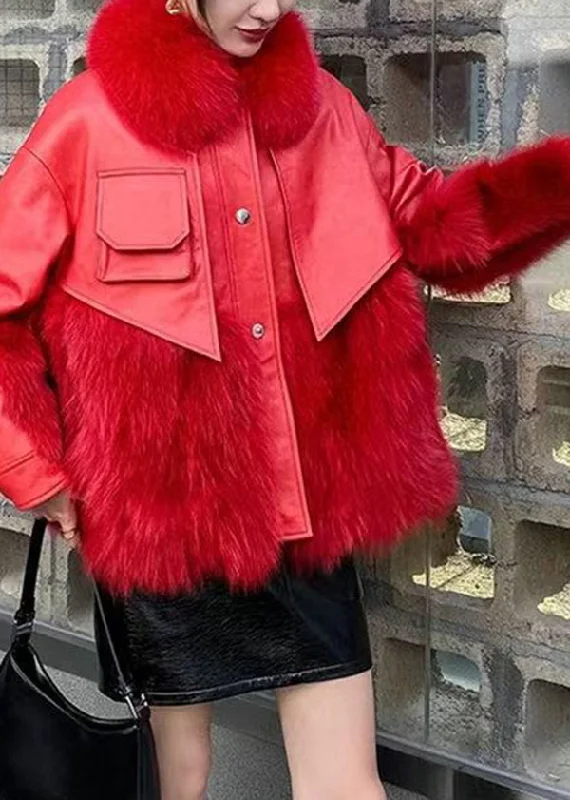 Classy Red Fur Collar Patchwork Faux Fur Jackets Winter