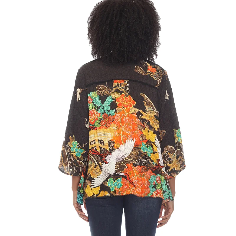 Citron Crane-Print Open Silk Cardigan Jacket - 0804COB - Sizes M - XL Only!