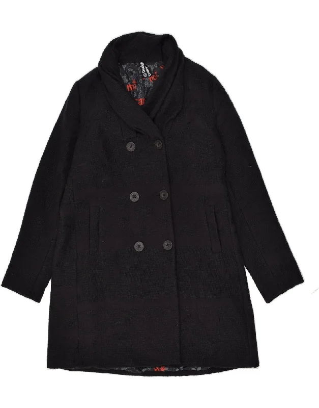 DESIGUAL Womens Double Breasted Coat EU 44 XL Black Cotton