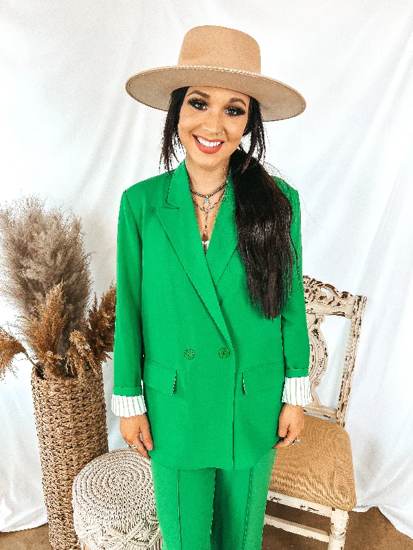 Bossy Business Double Button Blazer with Pockets in Green