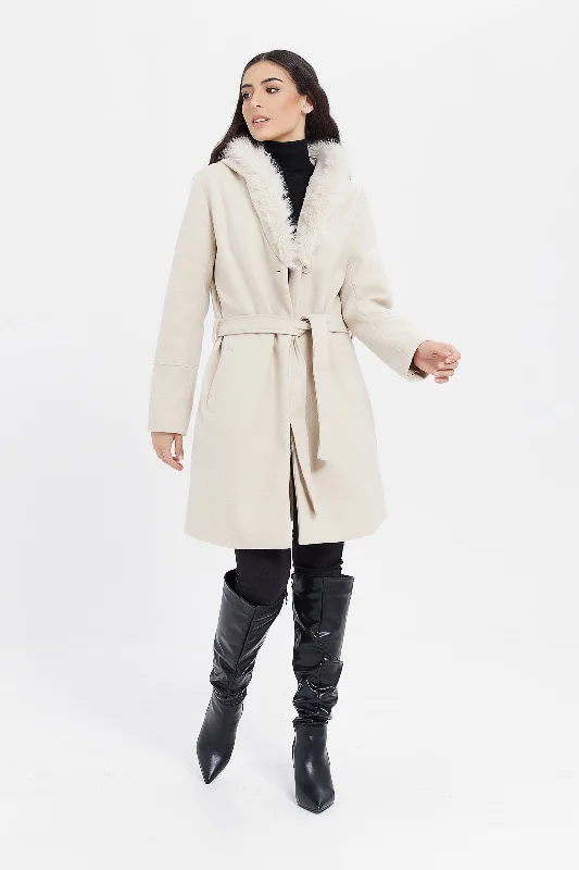 Women Ecru Faux Fur Belted Coat