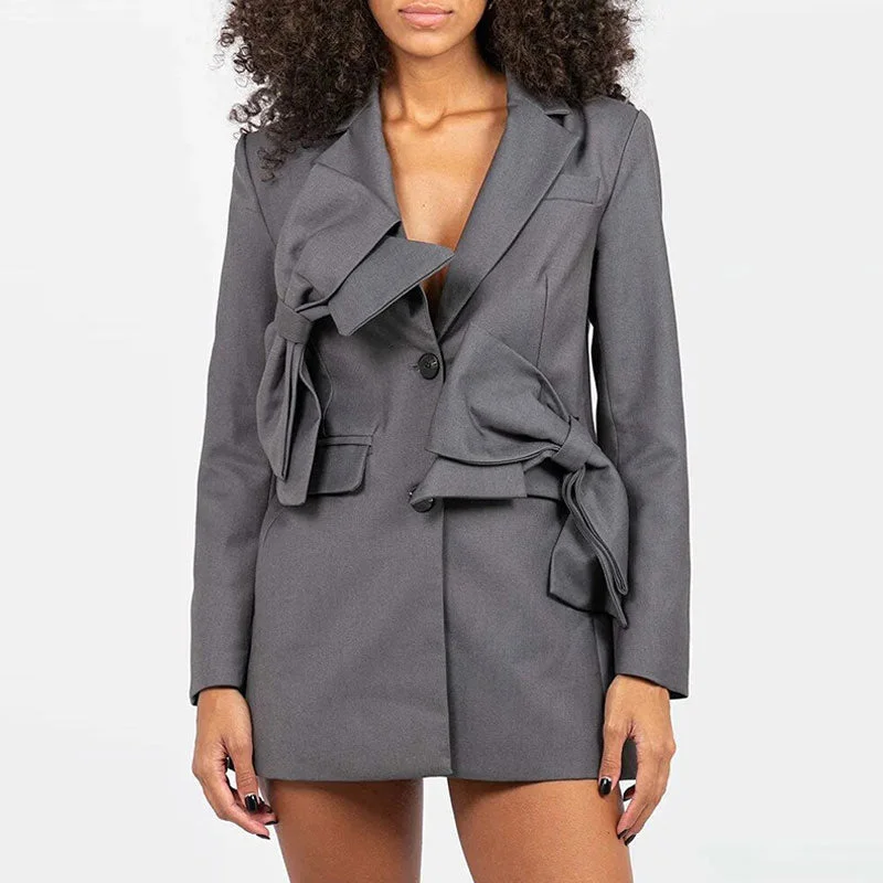 Edge Big Bow Detail Lapel Collar Shoulder Pad Long Sleeve Single Breasted Blazer