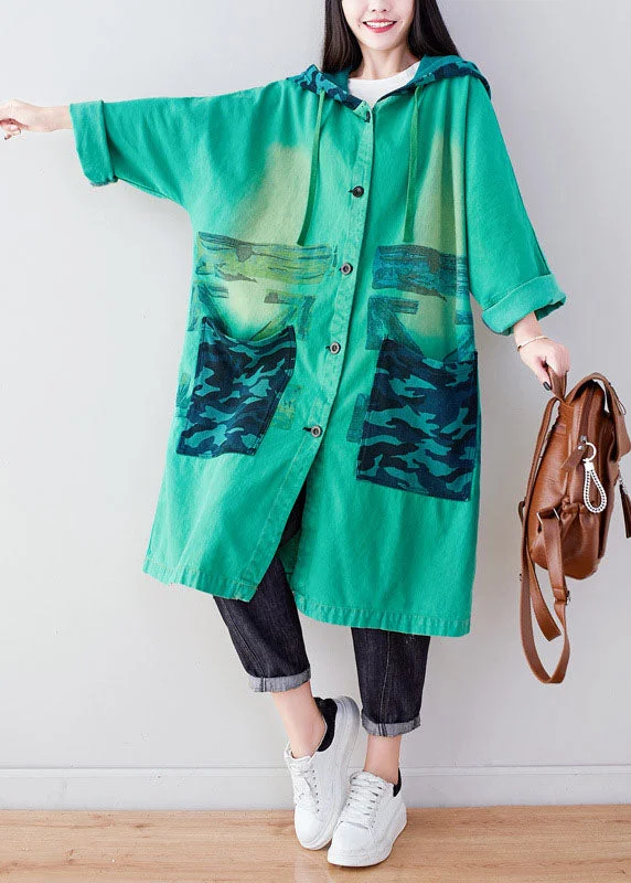 Fashion Green Hooded Print Cotton Hoodie Coat Spring