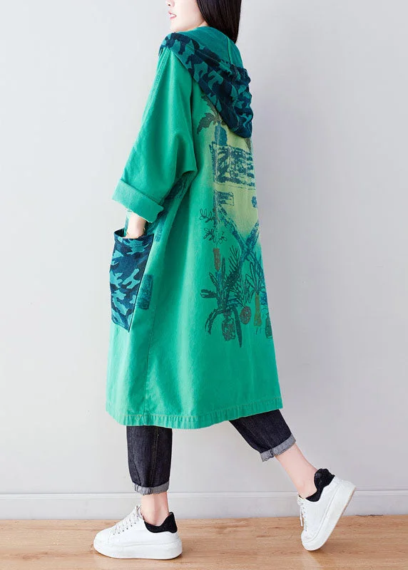 Fashion Green Hooded Print Cotton Hoodie Coat Spring