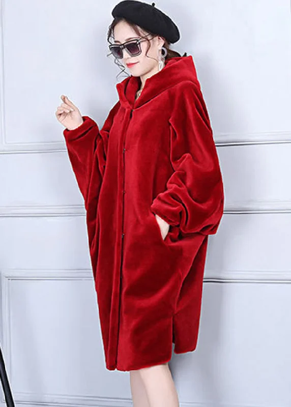 Fashion Red Oversized Wrinkled Cashmere Jackets Batwing Sleeve