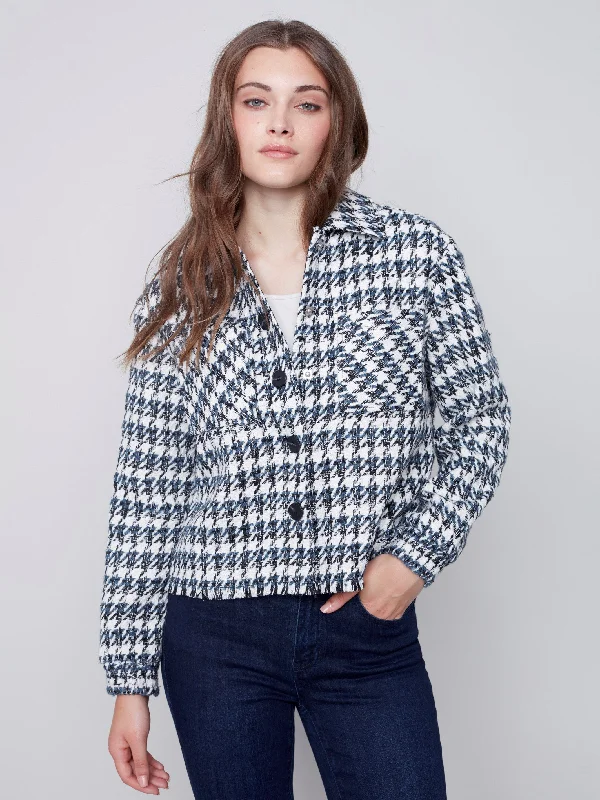 Houndstooth Tweed Short Jacket - Denim