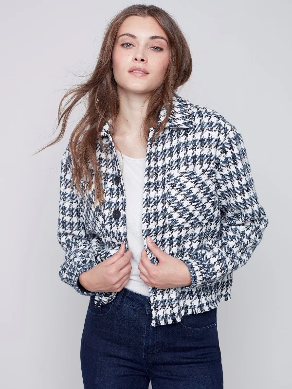 Houndstooth Tweed Short Jacket - Denim