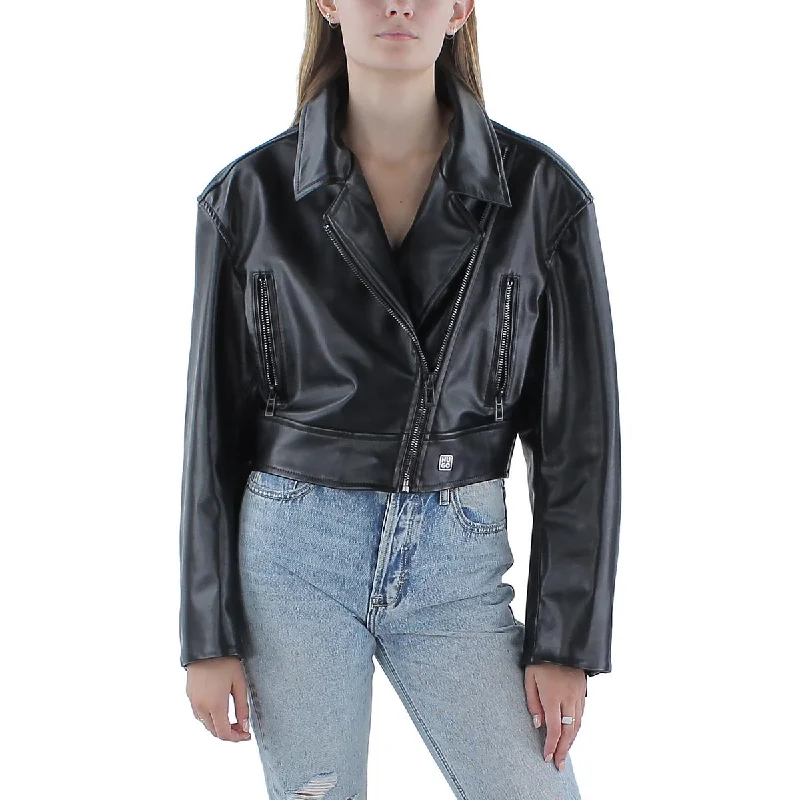 Hugo Womens Faux Leather Collared Motorcycle Jacket