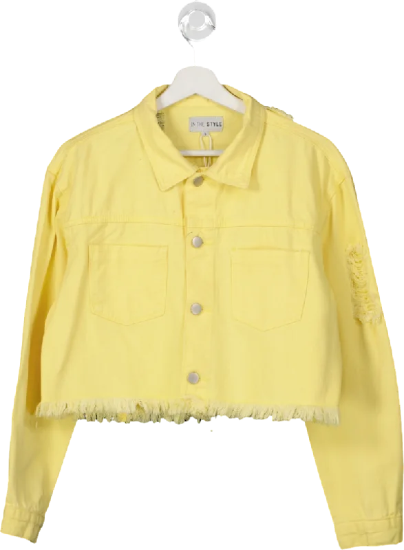 In The Style Yellow Frayed Hem Cropped Denim Jacket UK 8