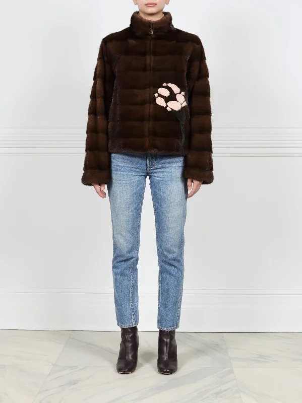 Mink Fur Floral Intarsia Jacket in Mahogany