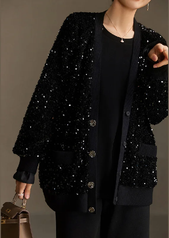 Modern Boutique Black V Neck Pockets Sequins Short Coat Spring