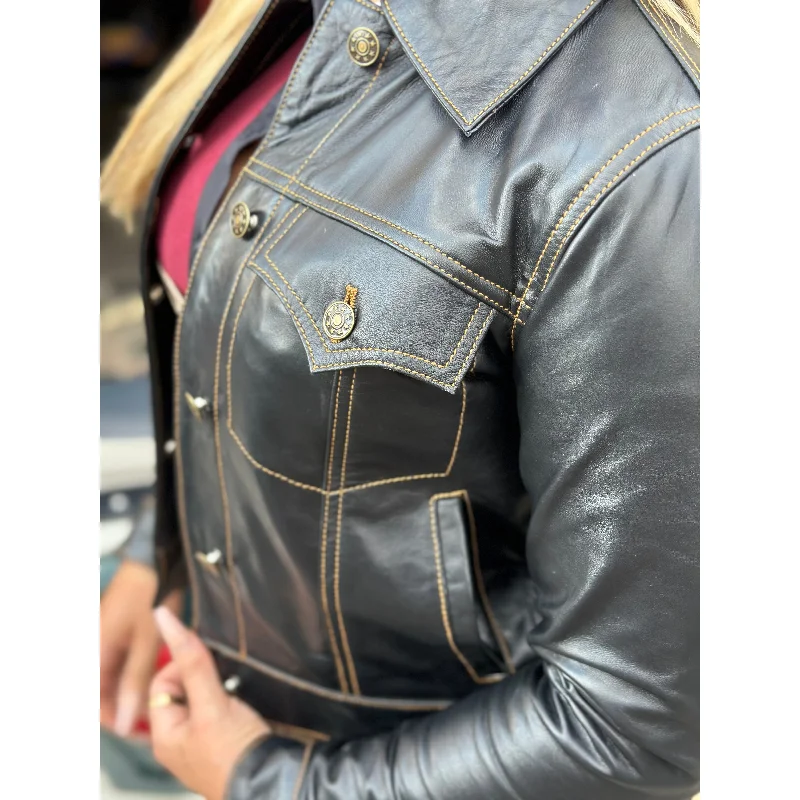 Modfather Clothing - Women's Black Leather - Trucker Jacket