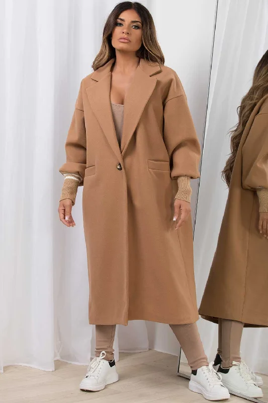 Oversized Wool Coat With Ribbed Cuff Camel