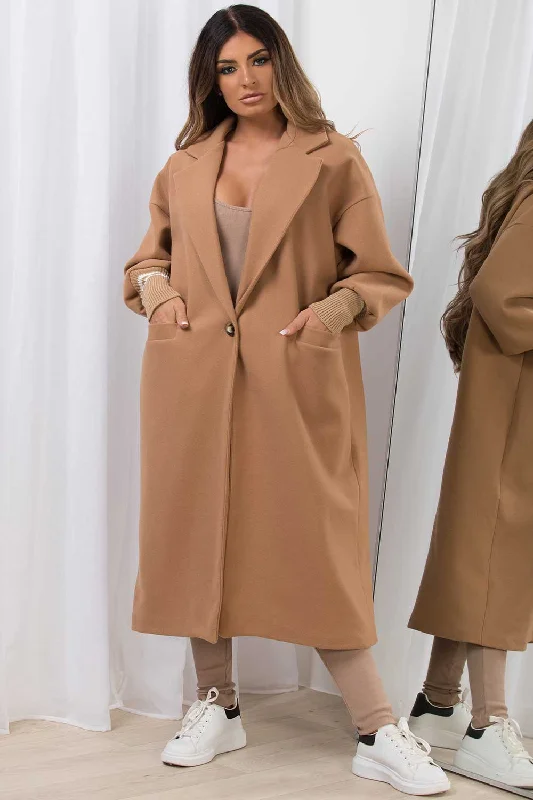 Oversized Wool Coat With Ribbed Cuff Camel